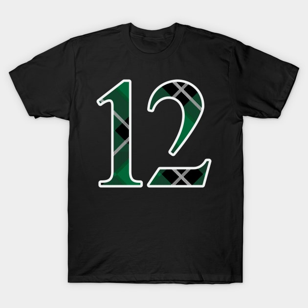 12 Sports Jersey Number Green Black Flannel T-Shirt by Design_Lawrence